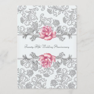 Pink Rose Damask Silver 25th Wedding Anniversary Invitation