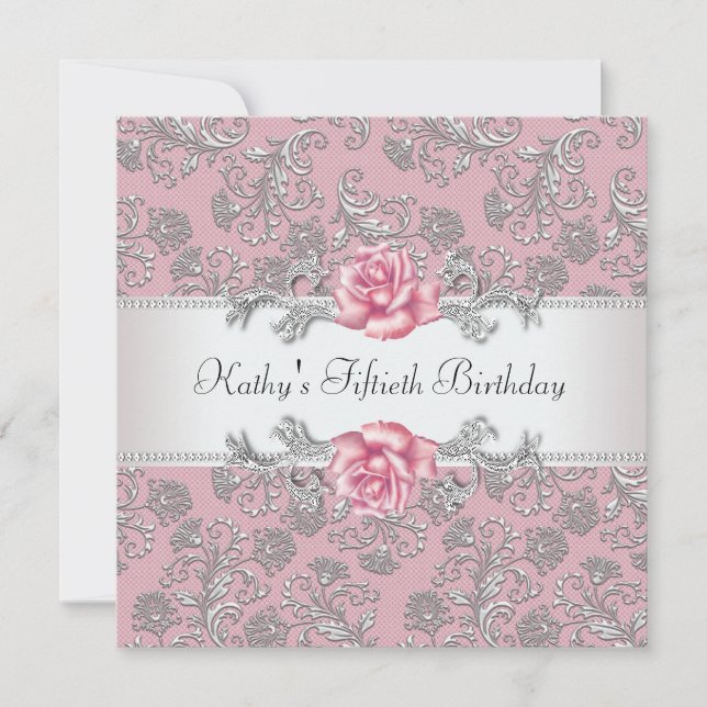Pink Rose Damask Womans Birthday Party Invitation (Front)