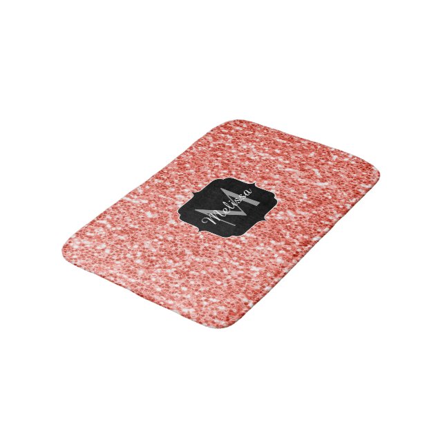 Pink rose dark coral glitter sparkles Monogram Bath Mat (Angled)