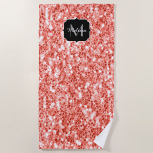 Pink rose dark coral glitter sparkles Monogram Beach Towel