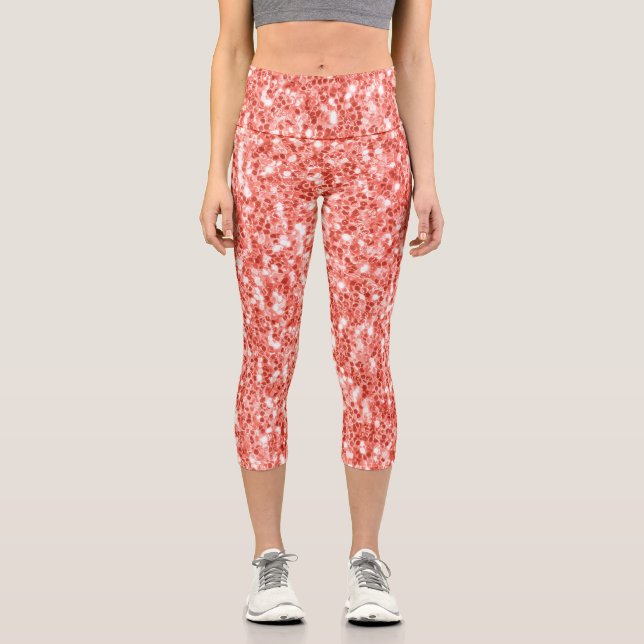 Pink rose dark coral glitter sparkles Monogram Capri Leggings (Front)