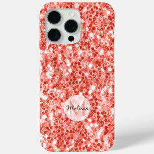 Pink rose dark coral glitter sparkles Monogram iPhone 15 Pro Max Case