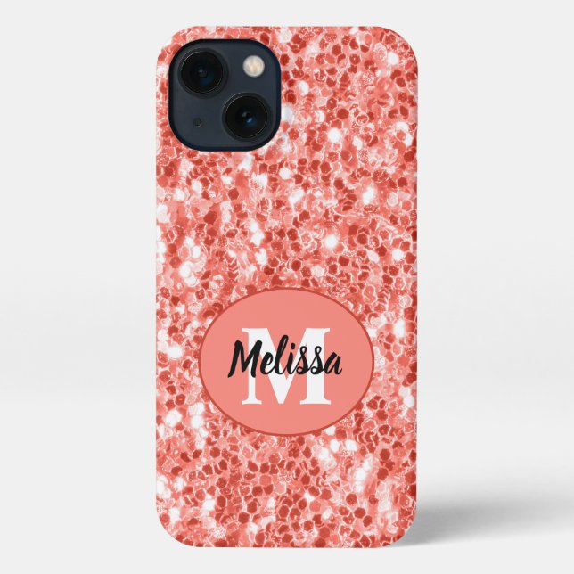 Pink rose dark coral glitter sparkles Monogram iPhone Case (Back)