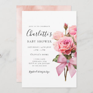 Pink Rose Diamond Bow Girl Baby Shower Invitation
