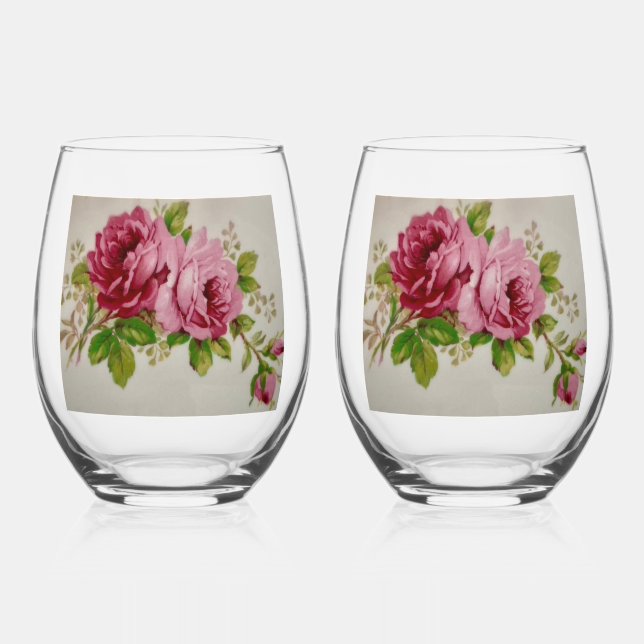 Pink Rose Elegance  Stemless Wine Glass (Front)