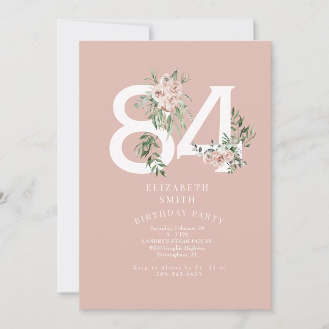 Pink Rose Elegant 84th Blush Birthday Party  Invitation (Front)