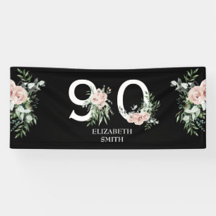 Pink Rose Elegant 90th Black Birthday Party  Banner