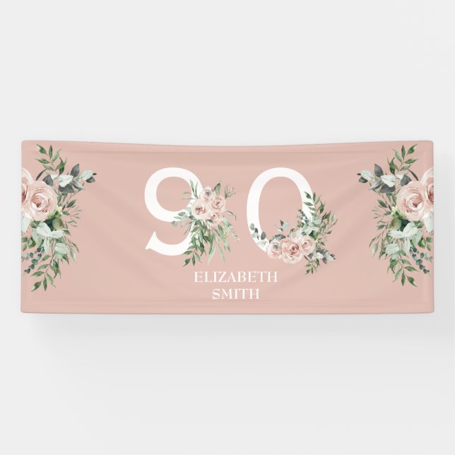 Pink Rose Elegant 90th Blush Birthday Party   Banner (Horizontal)