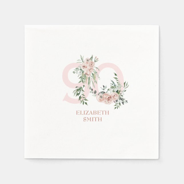 Pink Rose Elegant 90th White Birthday Party  Napkin (Front)