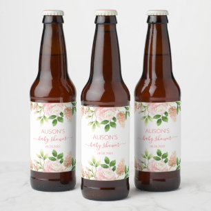 Pink Rose Elegant Floral Girl Baby Shower Beer Bottle Label