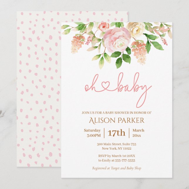 Pink Rose Elegant Floral Girl Baby Shower Invitation (Front/Back)