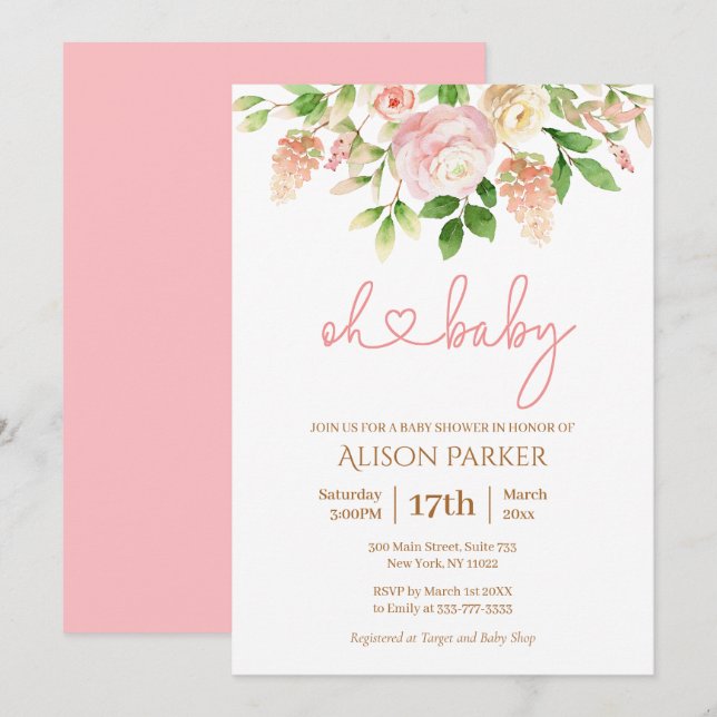 Pink Rose Elegant Floral Girl Baby Shower Invitation (Front/Back)