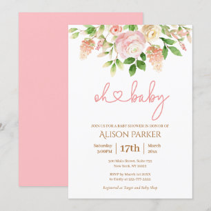 Pink Rose Elegant Floral Girl Baby Shower Invitation