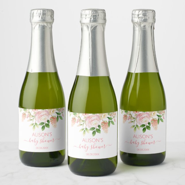Pink Rose Elegant Floral Girl Baby Shower Mini Sparkling Wine Label (Bottles)