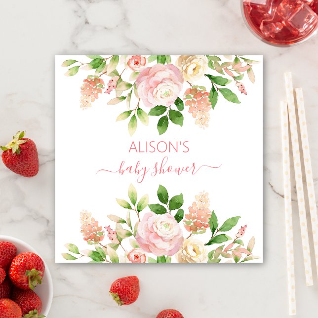 Pink Rose Elegant Floral Girl Baby Shower Napkin (Creator Uploaded)