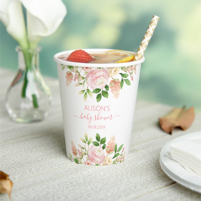 Pink Rose Elegant Floral Girl Baby Shower Paper Cups (Insitu)