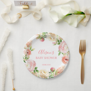 Pink Rose Elegant Floral Girl Baby Shower Paper Plate