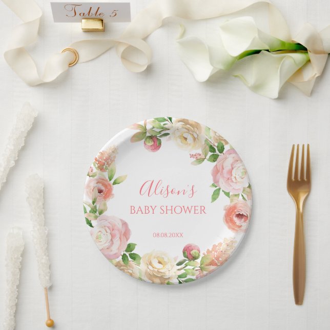 Pink Rose Elegant Floral Girl Baby Shower Paper Plate (Wedding)