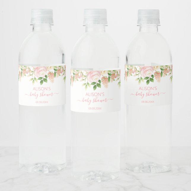 Pink Rose Elegant Floral Girl Baby Shower Water Bottle Label (Bottles)