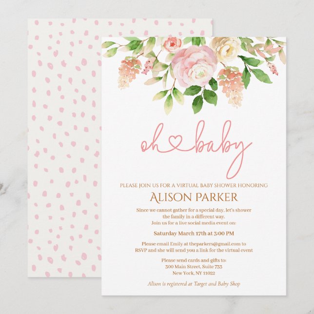 Pink Rose Elegant Floral Girl Virtual Baby Shower Invitation (Front/Back)
