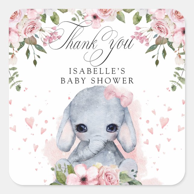 Pink Rose Elephant Baby Shower Thank You Square Sticker (Front)