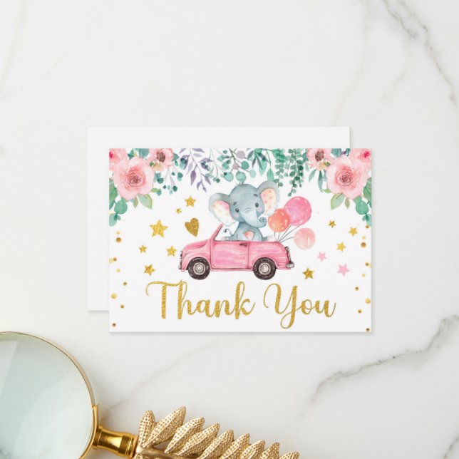 Pink Rose Elephant Drive Through Baby Shower Car Thank You Card (Front/Back In Situ)
