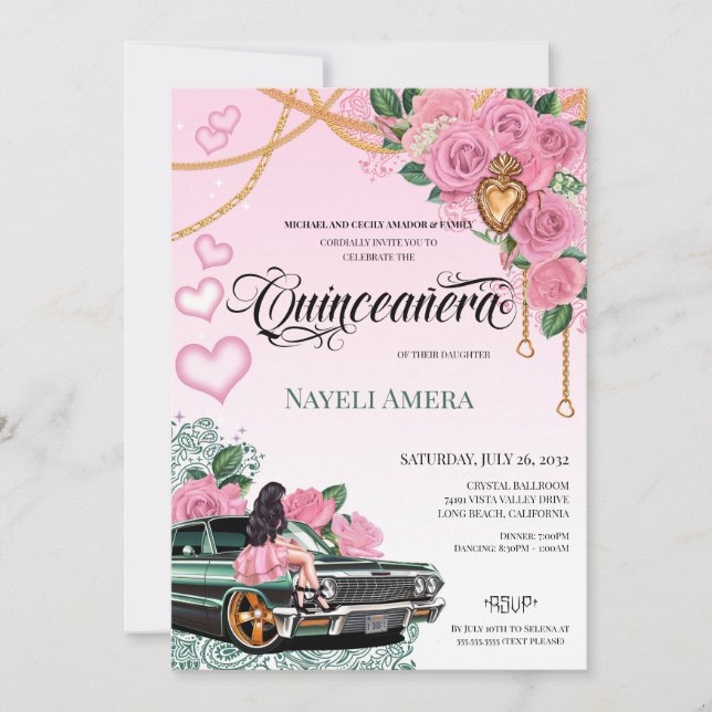 Pink Rose Emerald Green Lowrider Chicana Quince Invitation (Front)