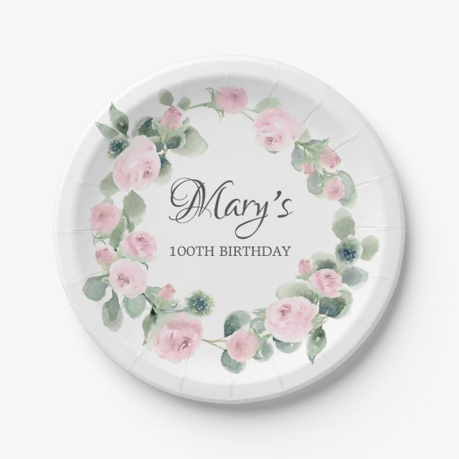 Pink Rose Eucalyptus 100TH Birthday Paper Plate (Front)