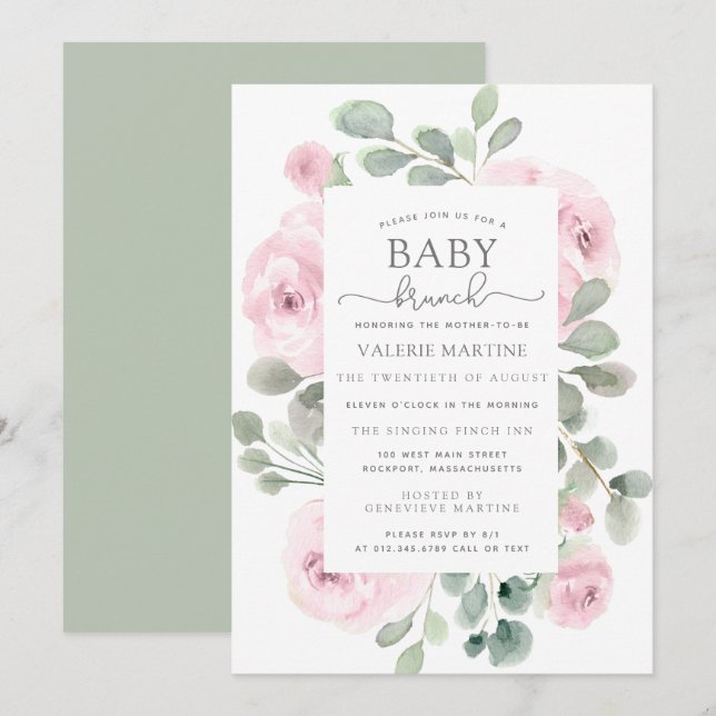 Pink Rose Eucalyptus Baby Brunch Invitation (Front/Back)