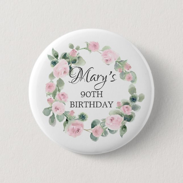 Pink Rose Eucalyptus Botanical 90TH Birthday 6 Cm Round Badge (Front)