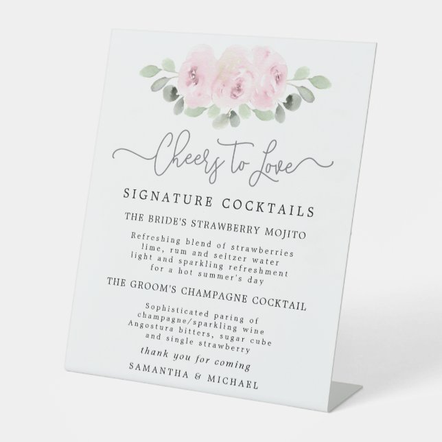 Pink Rose Eucalyptus Cocktails Wedding Bar Pedestal Sign (Front)