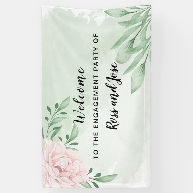 Pink Rose Eucalyptus Engagement Party Welcome Banner (Vertical)