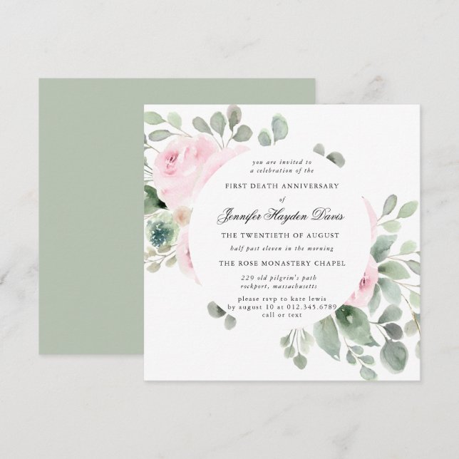 Pink Rose Eucalyptus First Death Anniversary Invitation (Front/Back)