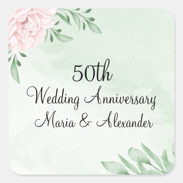 Pink Rose Eucalyptus Foliage 50th Anniversary Square Sticker (Front)