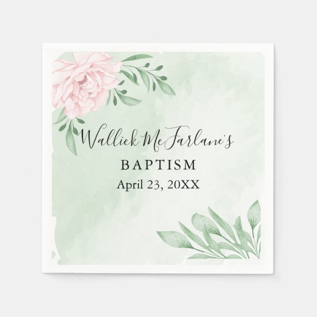 Pink Rose Eucalyptus Foliage Baptism Napkin (Front)