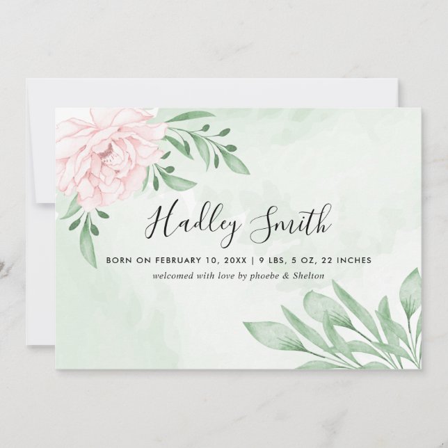 Pink Rose Eucalyptus Foliage Birth Announcement (Front)