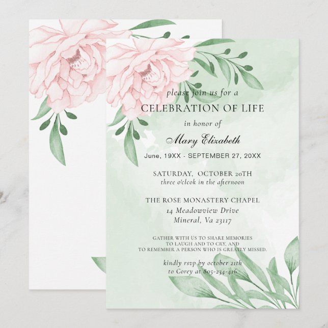 Pink Rose Eucalyptus Foliage Celebration Of Life Invitation (Front/Back)