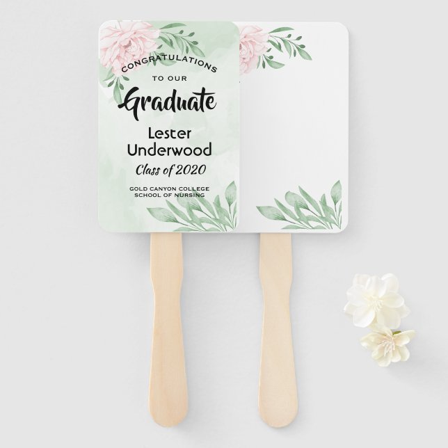 Pink Rose Eucalyptus Foliage Graduation Hand Fan (Front and Back)