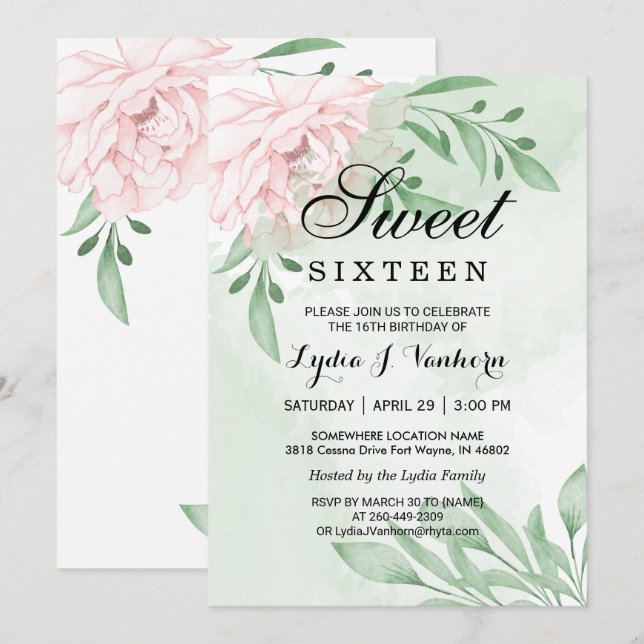 Pink Rose Eucalyptus Foliage Sweet 16 Birthday Invitation (Front/Back)