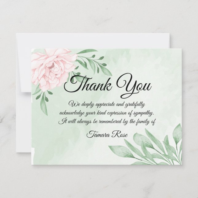 Pink Rose Eucalyptus Funeral Thank You Note Card (Front)