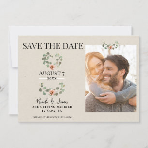Pink Rose & Eucalyptus Heart Rustic Save the Date Invitation