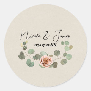 Pink Rose & Eucalyptus Heart Rustic Wedding Classic Round Sticker