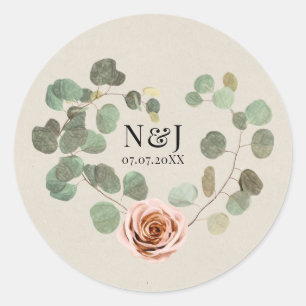Pink Rose & Eucalyptus Heart Rustic Wedding Classic Round Sticker