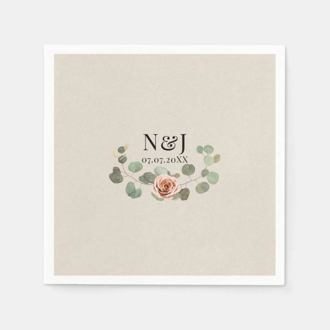 Pink Rose & Eucalyptus Heart Rustic Wedding Napkin (Front)