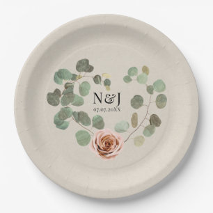 Pink Rose & Eucalyptus Heart Rustic Wedding Paper Plate