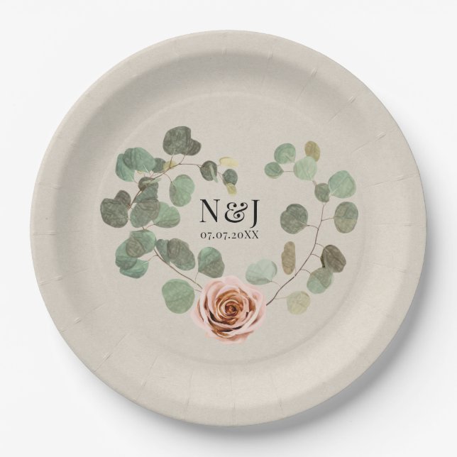 Pink Rose & Eucalyptus Heart Rustic Wedding Paper Plate (Front)