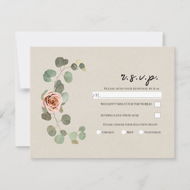 Pink Rose & Eucalyptus Heart Rustic Wedding RSVP Invitation (Front)