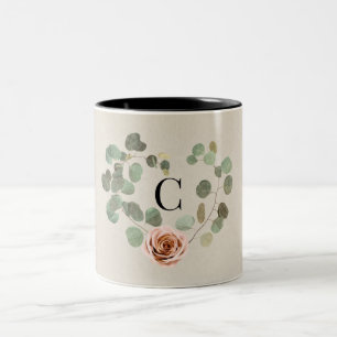 Pink Rose & Eucalyptus Heart Rustic Wedding Two-Tone Coffee Mug