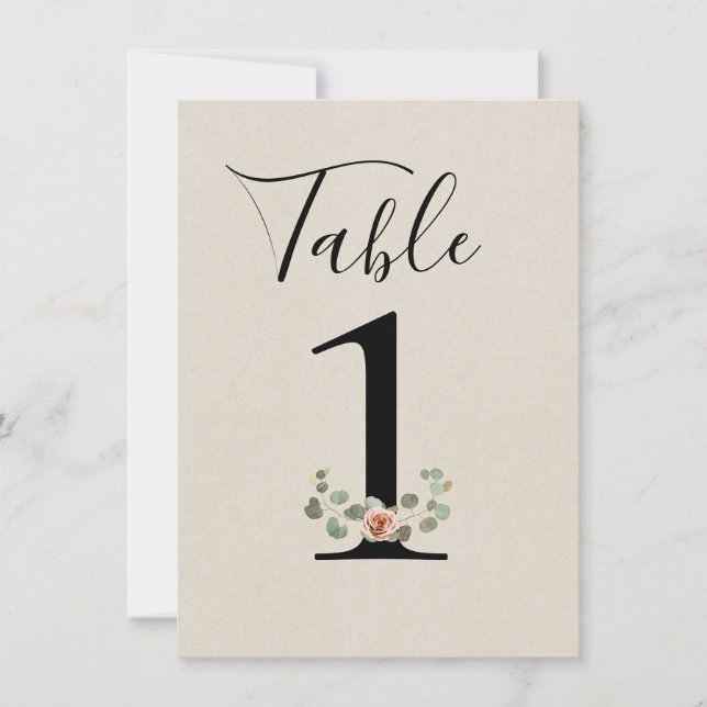 Pink Rose & Eucalyptus Heart Wedding Table Number (Front)
