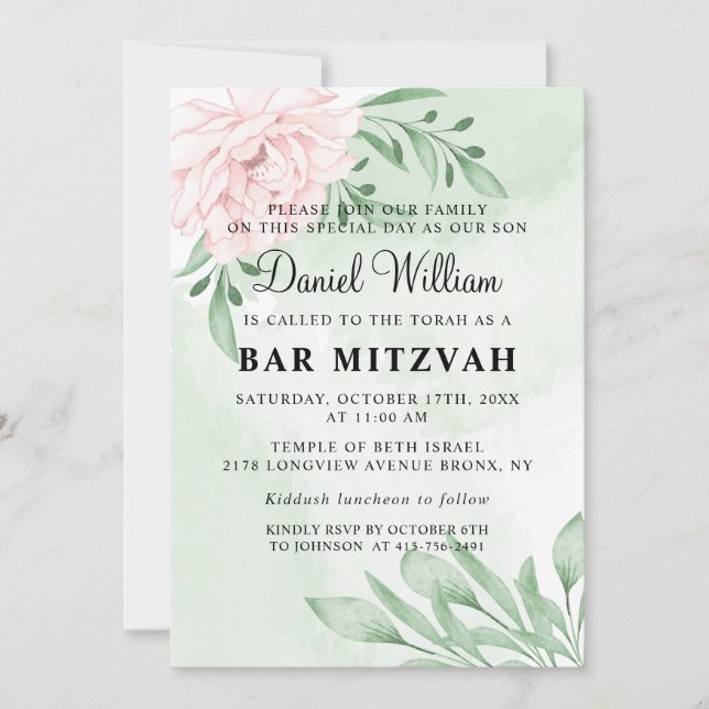 Pink Rose Eucalyptus Succulent Foliage Bar Mitzvah Invitation (Front)